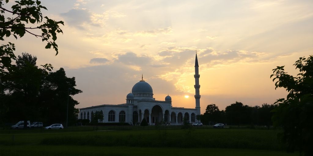 Masjid tenang di bawah langit senja yang damai.
